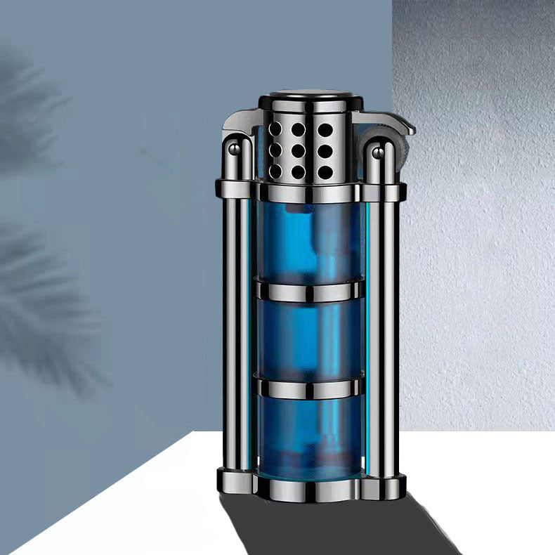 Isqueiro FY-Roxia com formato especial - Isqueiro de metal à prova de vento para uso na cozinha e ao ar livre, azul vibrante com câmara de gás transparente, presente perfeito