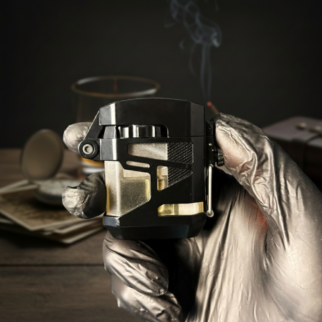 FY-Roxia Armor Torch Lighter - Windproof Metal Lighter for Kitchen & Outdoor, Cool Black Design with Red Flame, Glowing Feature, Ideal Gift