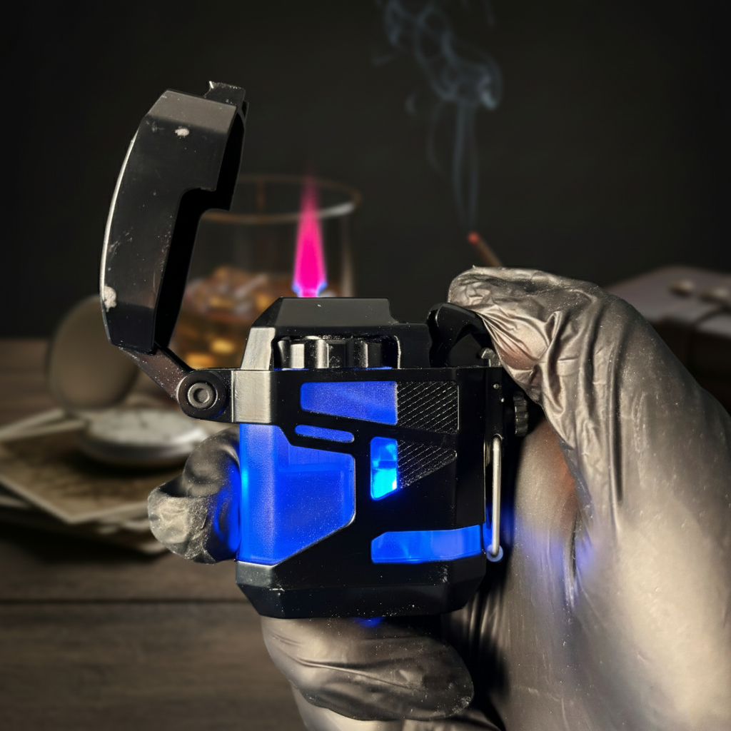 FY-Roxia Armor Torch Lighter - Windproof Metal Lighter for Kitchen & Outdoor, Cool Black Design with Red Flame, Glowing Feature, Ideal Gift