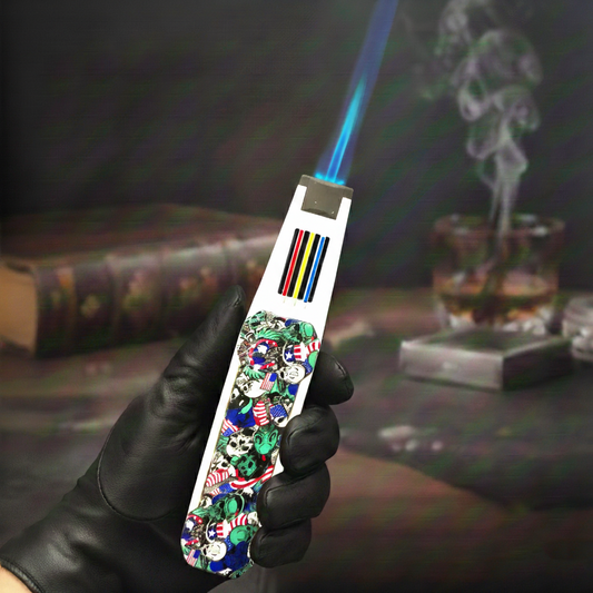 FY-Roxia Skeleton Flame Sword 198 Torch Lighter - Windproof Metal Lighter with Skull Print for Kitchen, Candles & Outdoor Survival - Cool Gift with Blue Flame