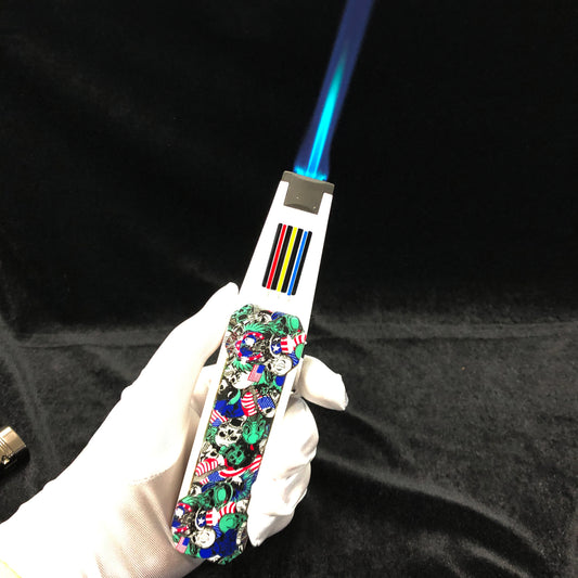 FY-Roxia Skeleton Flame Sword 198 Torch Lighter - Windproof Metal Lighter with Skull Print for Kitchen, Candles & Outdoor Survival - Cool Gift with Blue Flame