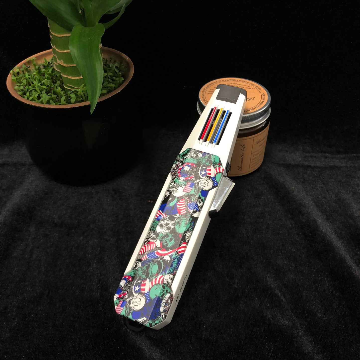 FY-Roxia Skeleton Flame Sword 198 Torch Lighter - Windproof Metal Lighter with Skull Print for Kitchen, Candles & Outdoor Survival - Cool Gift with Blue Flame