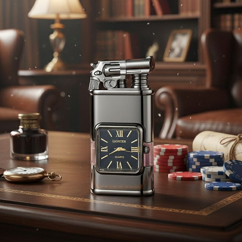 Vintage Quartz Dial Torch Lighter - Windproof Double Flame Metal Lighter with Gift Box