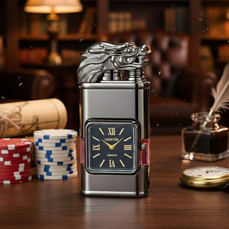 Vintage Quartz Dial Torch Lighter - Windproof Double Flame Metal Lighter with Gift Box