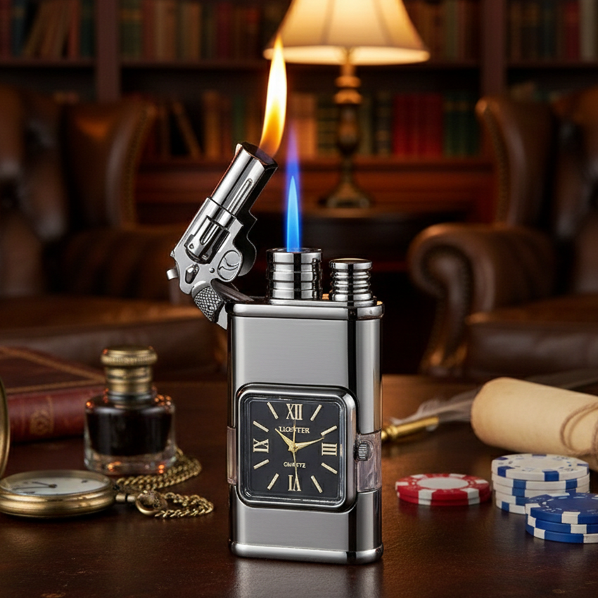 Vintage Quartz Dial Torch Lighter - Windproof Double Flame Metal Lighter with Gift Box